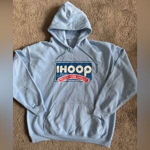 #297 IHOOP (IHOP) humorous Blue Hoodie with Graphic Print.